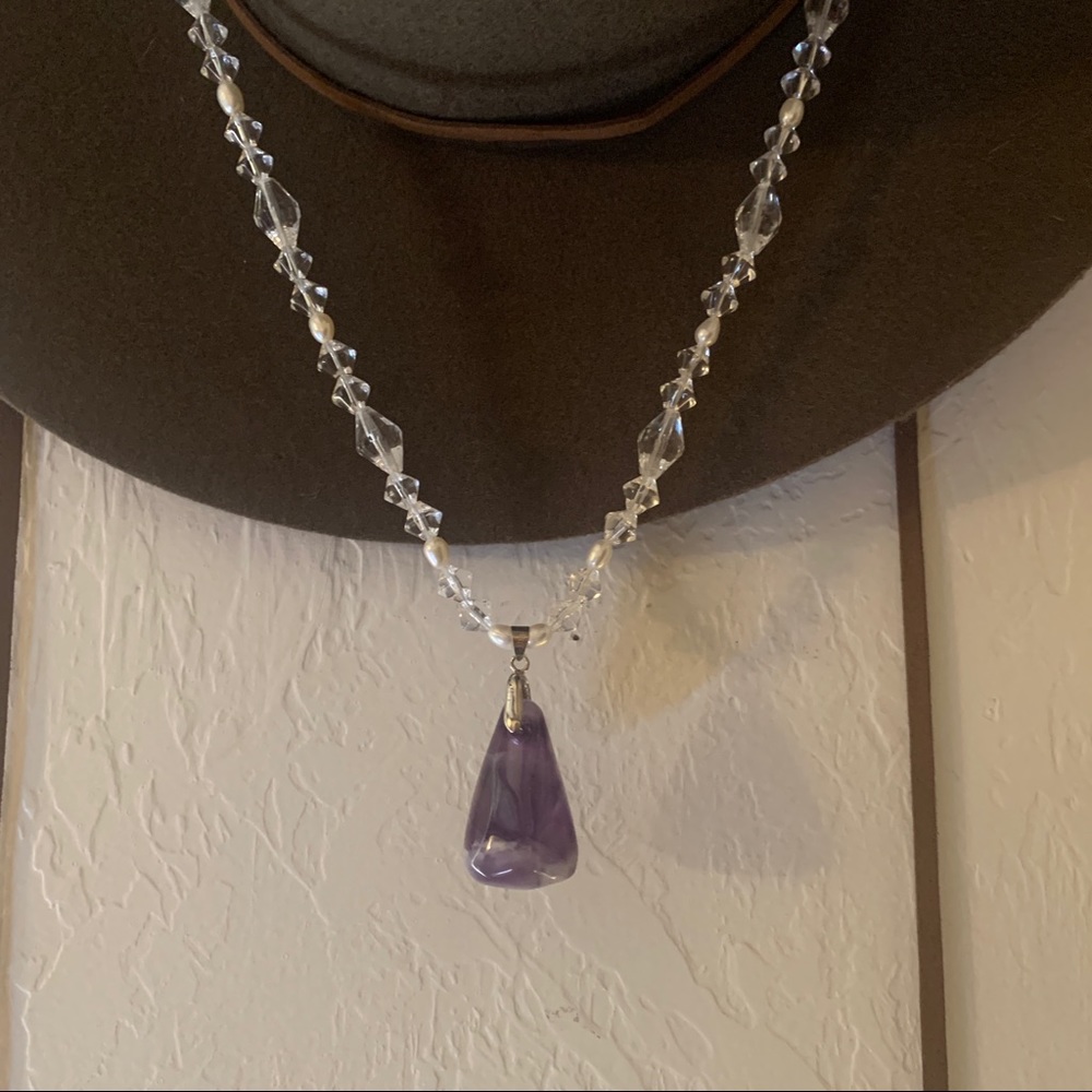 Beautiful amethyst tear pendant with crystal & pearl beadwork & silver clasp